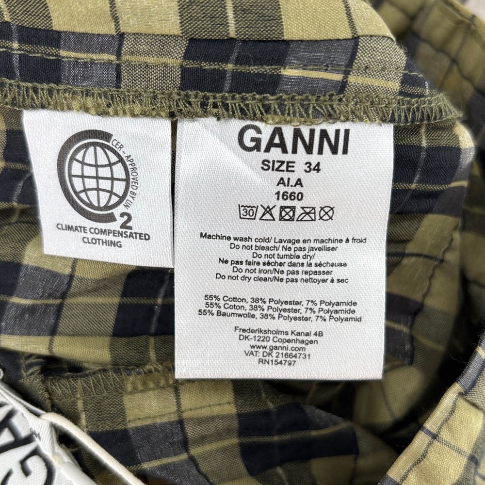 NWT--Ganni Plaid Wide Leg Seersucker Pants in Olive Green & Black Size 34=XS=US2 - Picture 3 of 11
